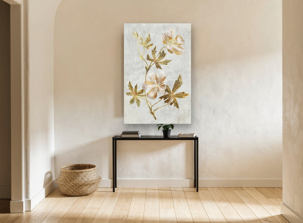 Gilded Cranesbill Stem floral canvas print on the wall of a hallway