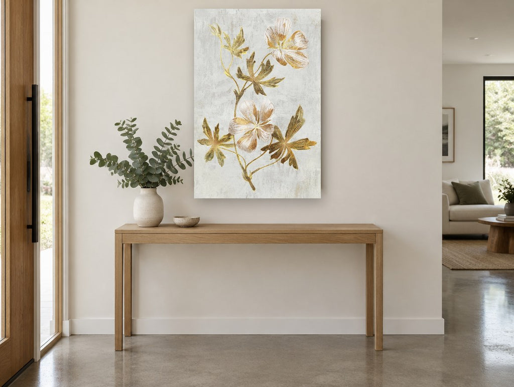 Gilded Cranesbill Stem floral canvas print on the wall of a entry hall