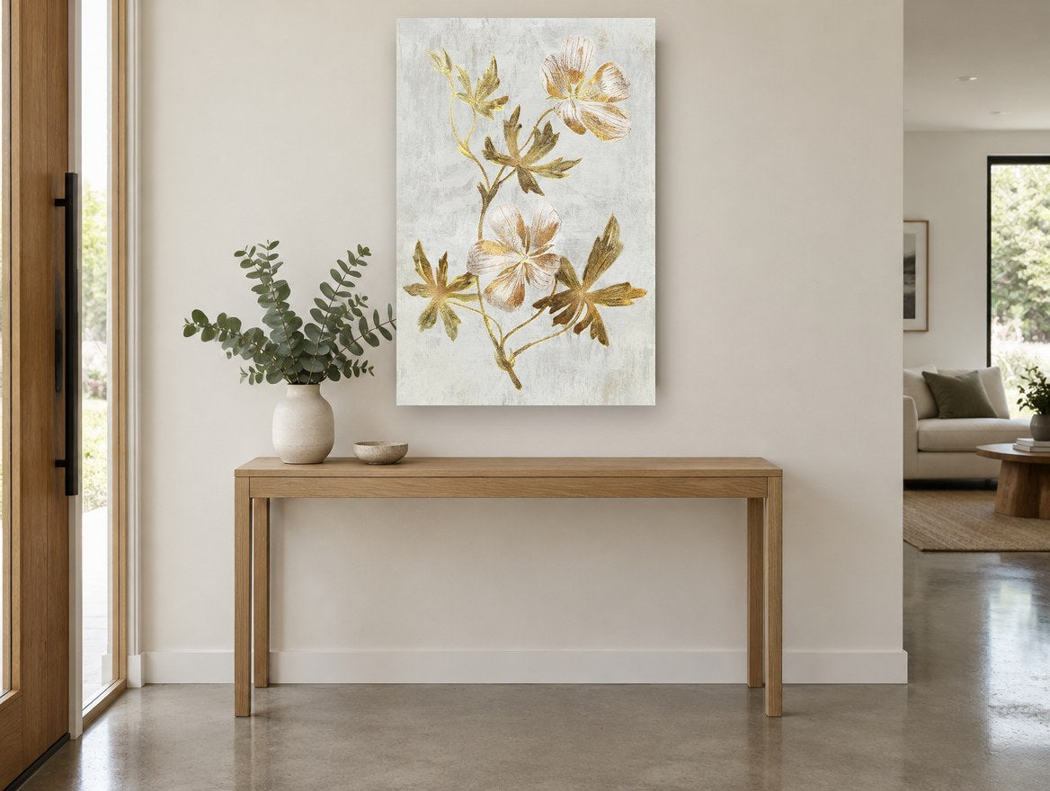 Gilded Cranesbill Stem floral canvas print on the wall of a entry hall