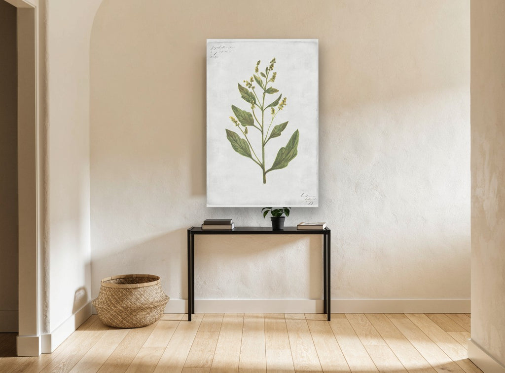 Green Sprig on Grey floral canvas print on the wall of a hallway