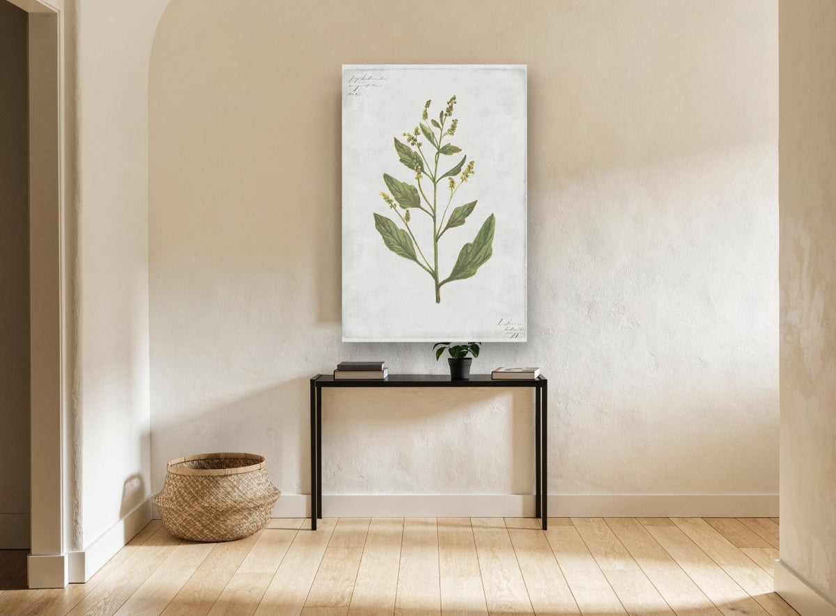 Green Sprig on Grey floral canvas print on the wall of a hallway