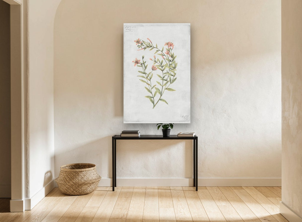 Coral Sprig Study floral canvas print on the wall of a hallway