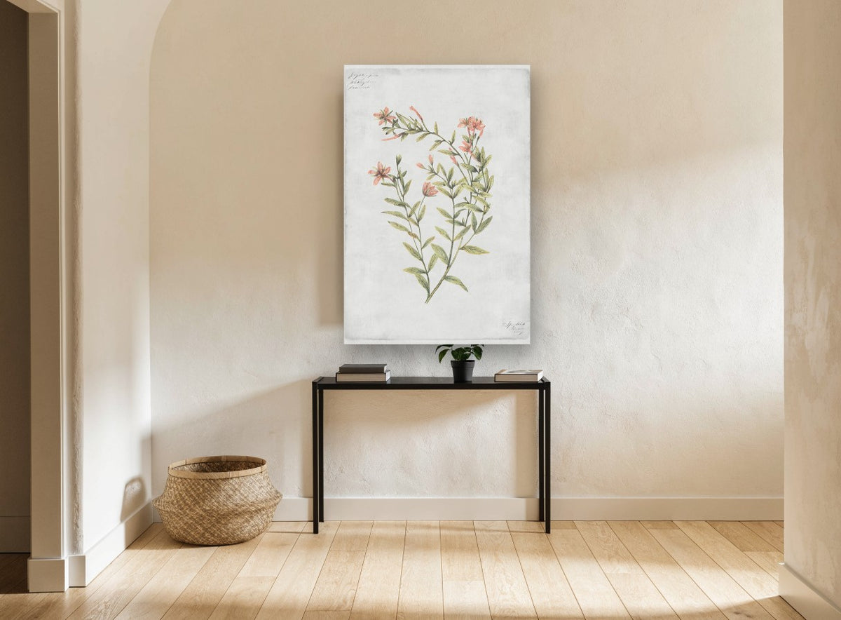 Coral Sprig Study floral canvas print on the wall of a hallway