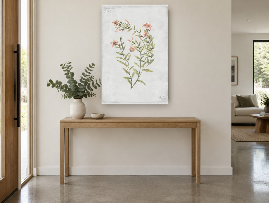 Coral Sprig Study floral canvas print on the wall of a entry hall