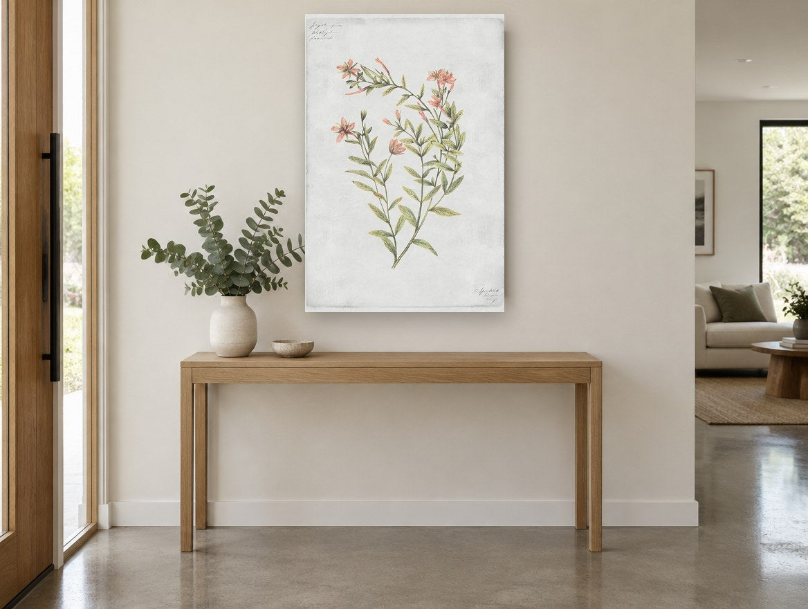 Coral Sprig Study floral canvas print on the wall of a entry hall