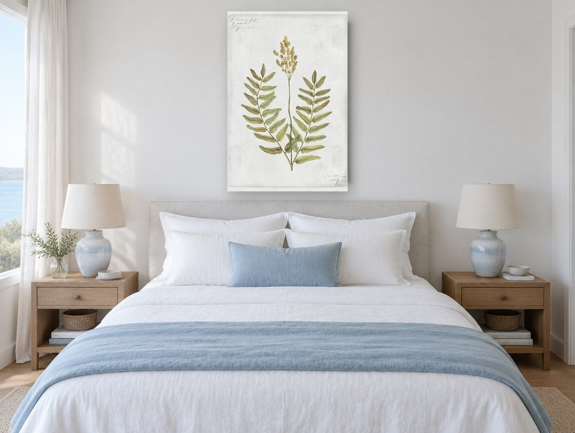 Flowering Fern Study floral canvas print on the wall of a coastal bedroom