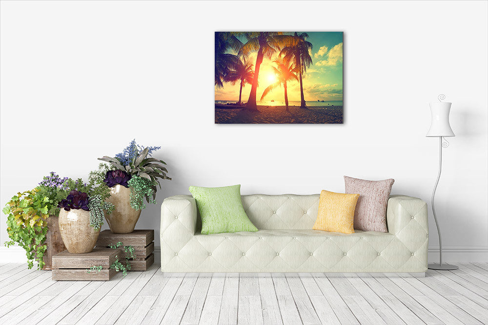 Palm Trees Sunset Wall Art Print on the wall