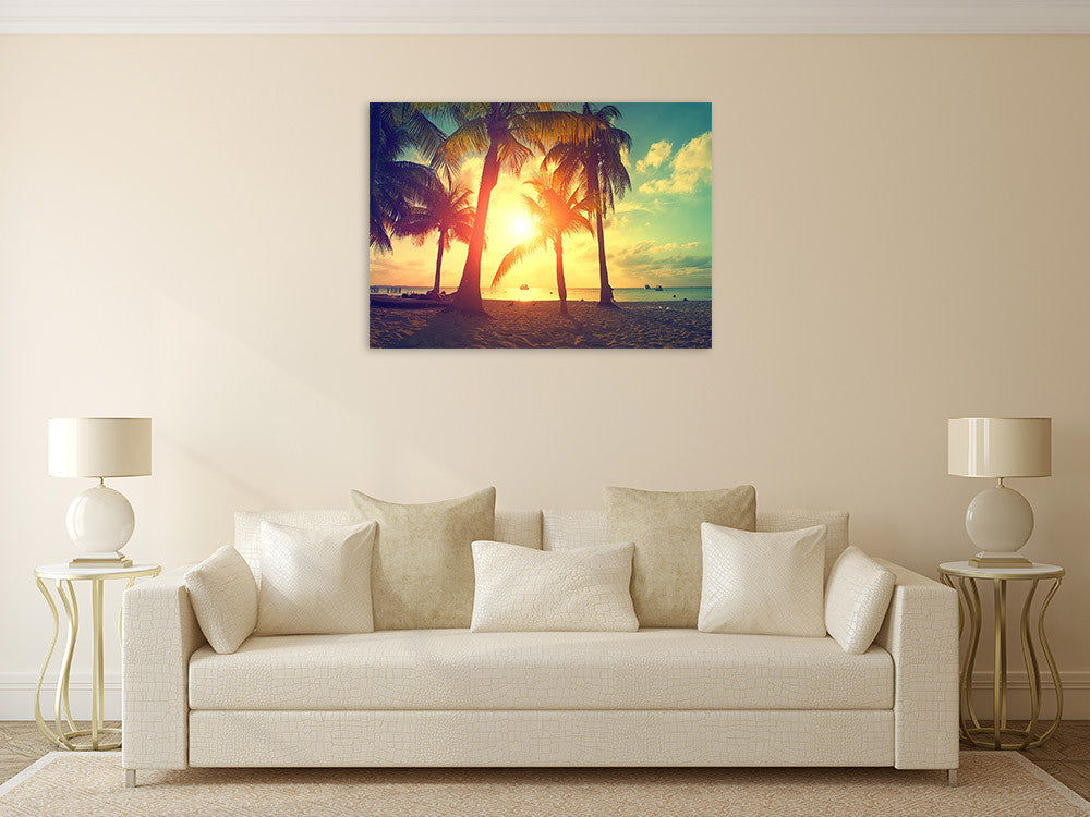 Palm Trees Sunset Wall Art Print on the wall