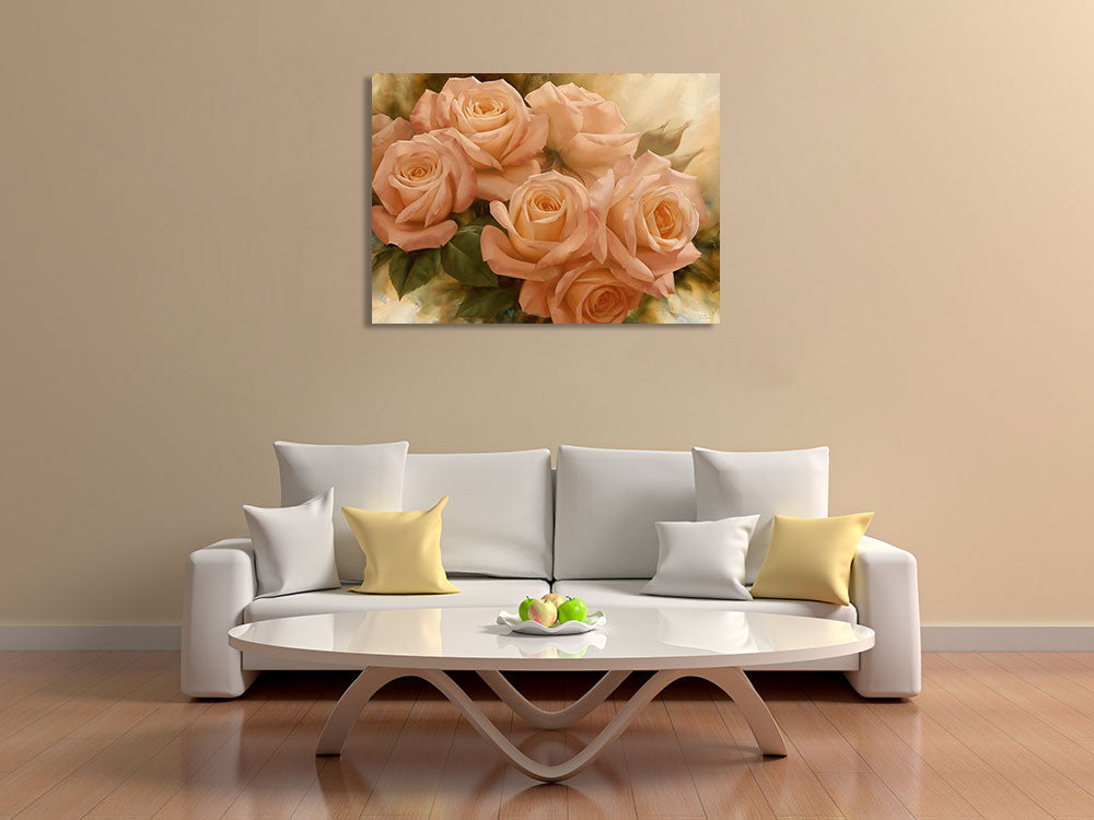 Peach Rose Splendor II Wall Print on the wall
