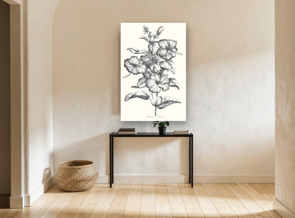 Graphite Hibiscus Study floral canvas print on the wall of a hallway
