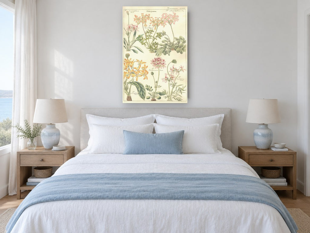 Pelargonium Plate Study floral canvas print on the wall of a coastal bedroom