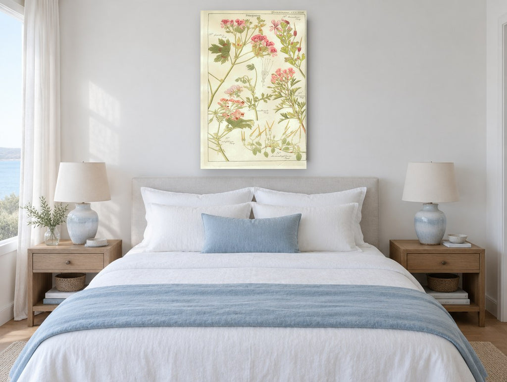 Pelargonium Plate Study floral canvas print on the wall of a coastal bedroom