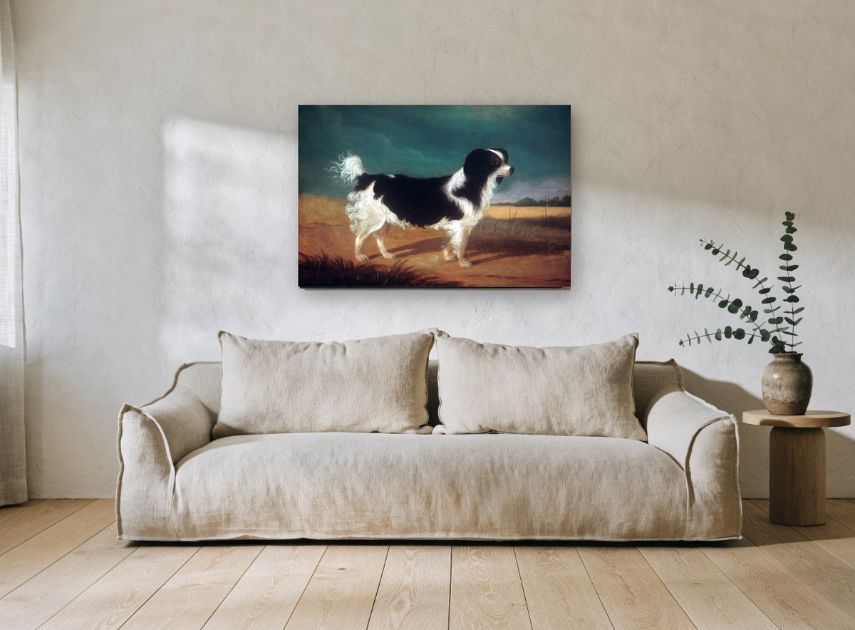 Spaniel in the Wheat Field animal canvas print on the wall of a living room