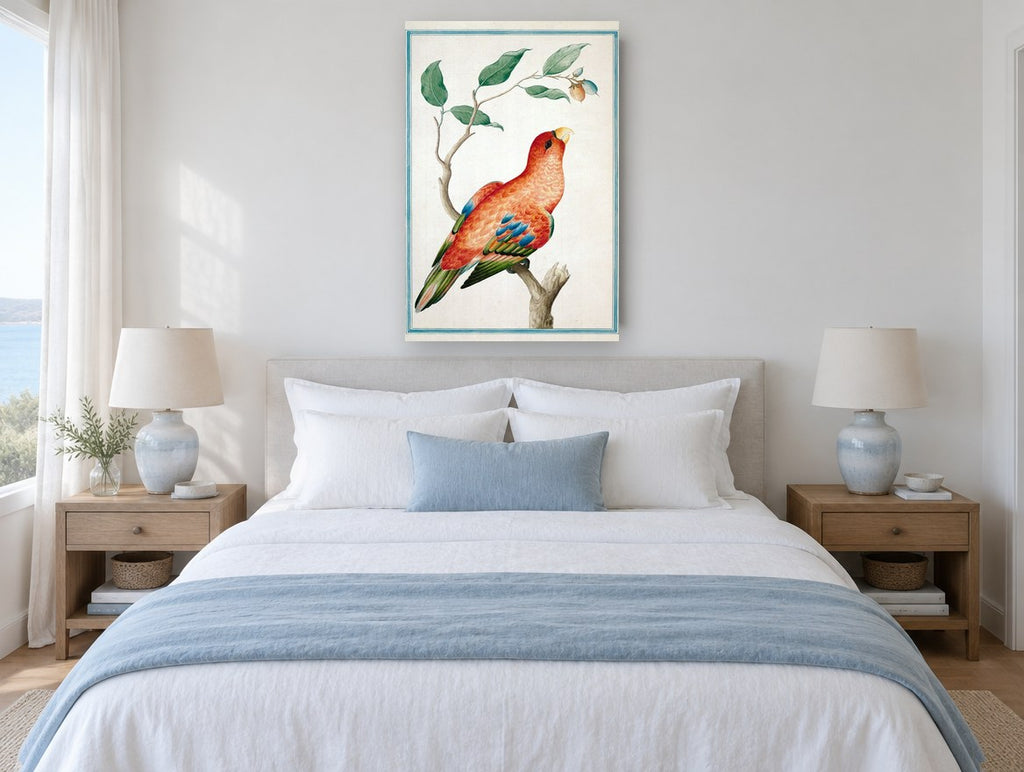 Scarlet Lory on Branch animal canvas print on the wall of a bedroom