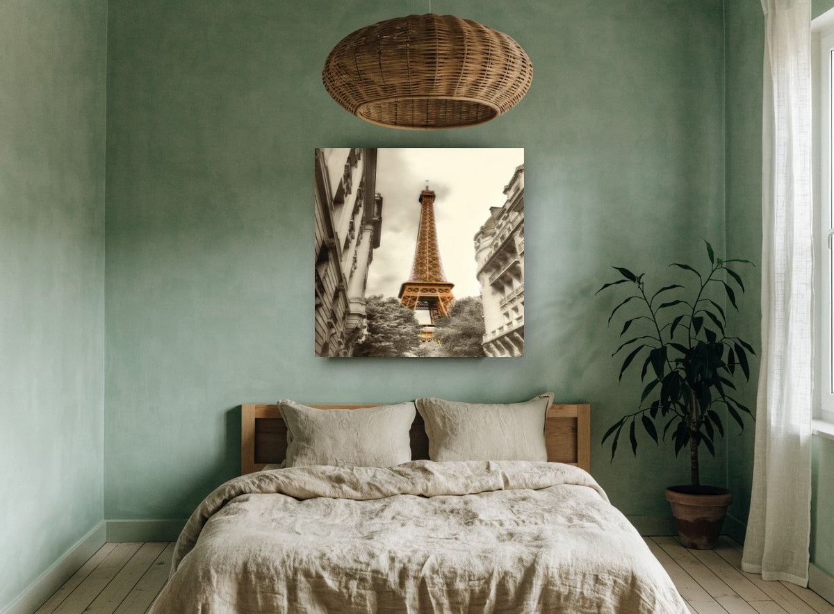 Paris Tower Through Haussmann Façades city canvas print on the wall of a bedroom