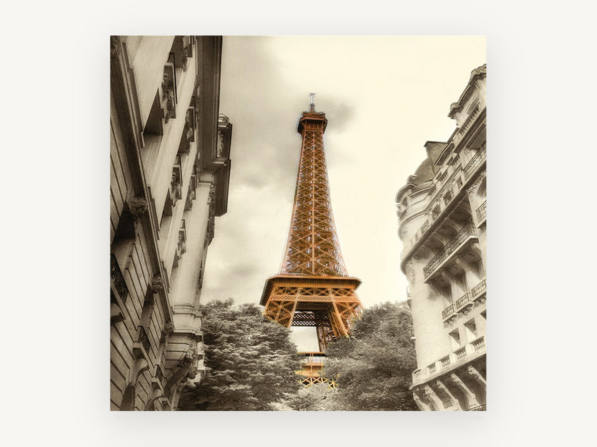 Paris Tower Through Haussmann Façades, eiffel tower sepia photograph with colour, city canvas wall art print, front view