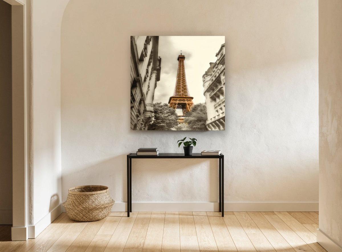 Paris Tower Through Haussmann Façades city canvas print on the wall of a hallway