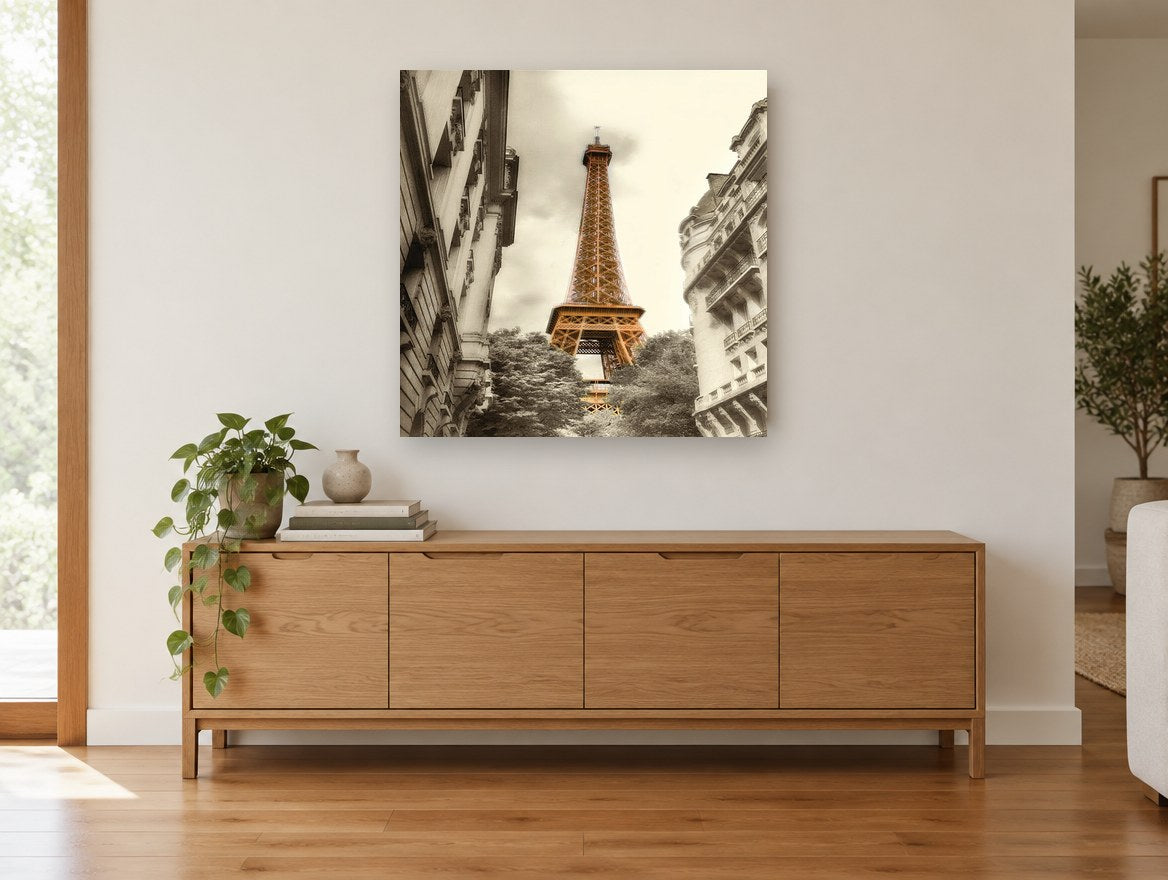 Paris Tower Through Haussmann Façades city canvas print on the wall of a living room above a sideboard