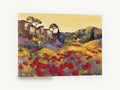 Poppies Below the Village, retro poppy field village landscape, stretched canvas wall art print ready to hang