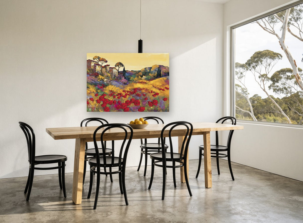 Poppies Below the Village vintage canvas print on the wall of a dining room