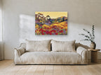 Poppies Below the Village vintage canvas print on the wall of a living room