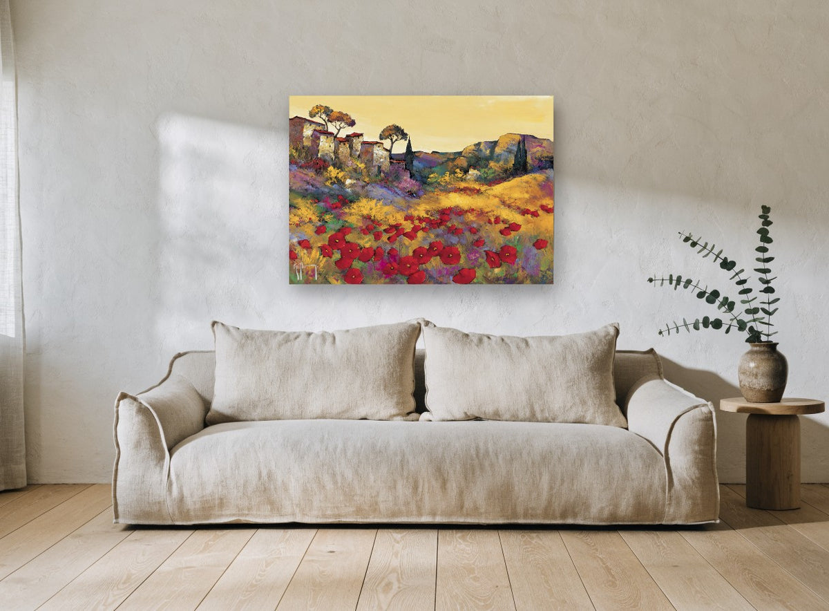 Poppies Below the Village vintage canvas print on the wall of a living room