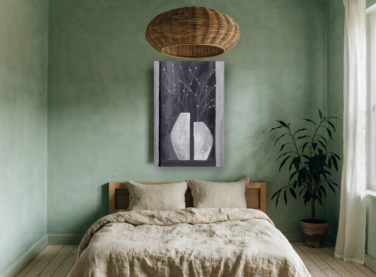 Split Vase Blossoms floral canvas print on the wall of a bedroom