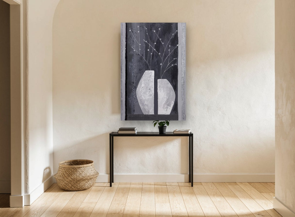 Split Vase Blossoms floral canvas print on the wall of a hallway