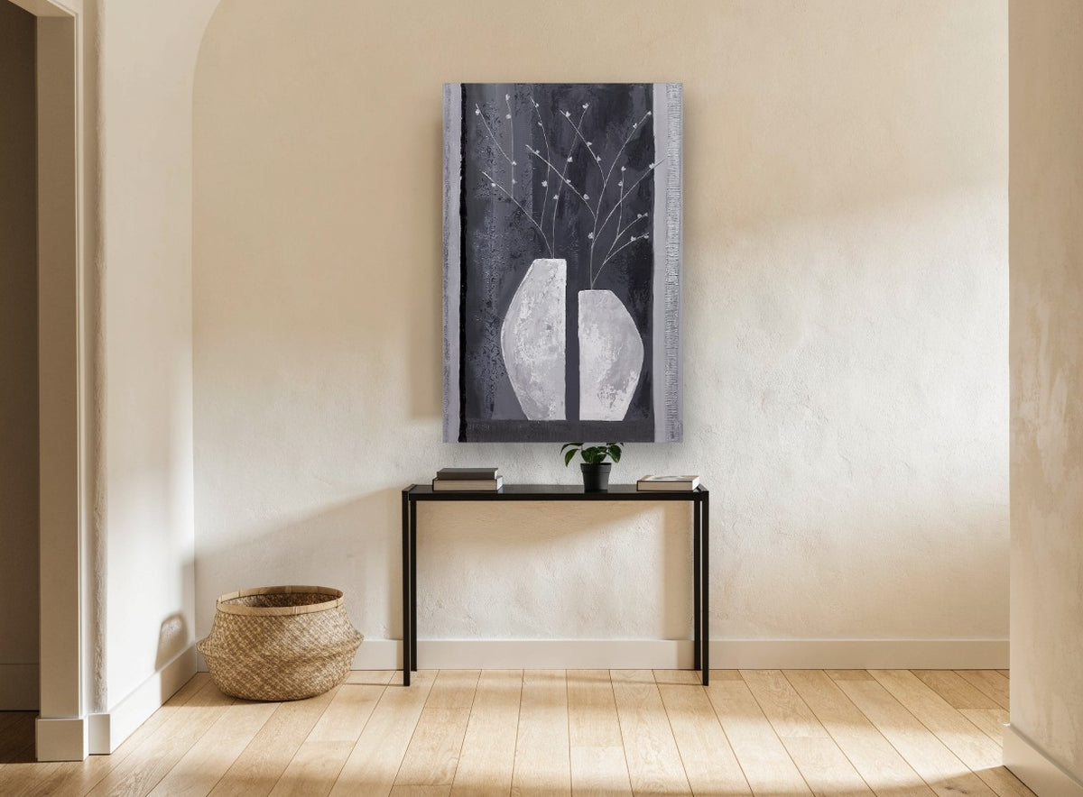 Split Vase Blossoms floral canvas print on the wall of a hallway