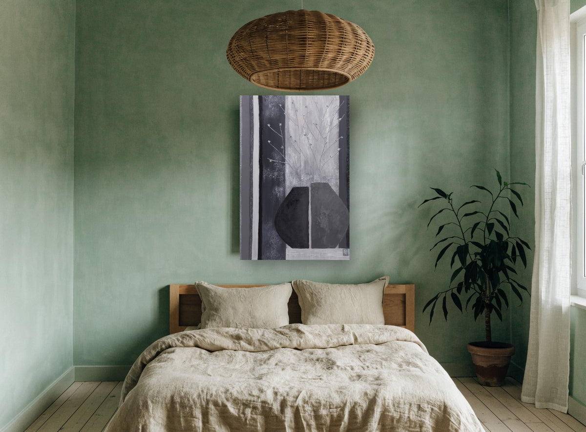 Split Vase in Grey floral canvas print on the wall of a bedroom