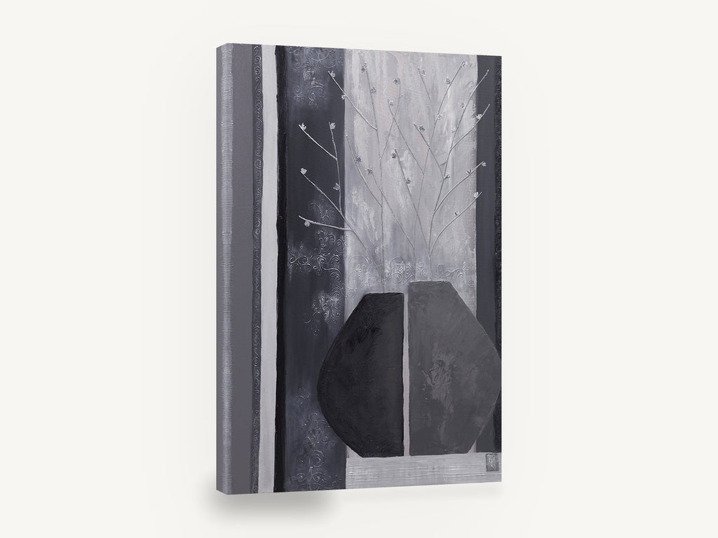 Split Vase in Grey, grey vase blossom stems textured art, floral canvas wall art print ready to hang