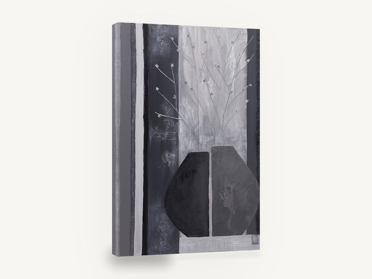 Split Vase in Grey, grey vase blossom stems textured art, floral canvas wall art print ready to hang