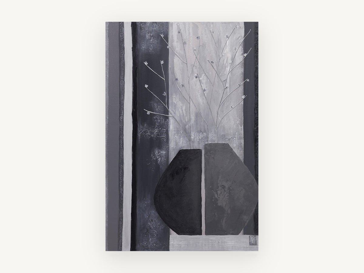 Split Vase in Grey, floral canvas wall art print, front view