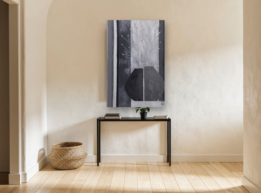 Split Vase in Grey floral canvas print on the wall of a hallway