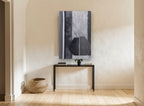 Split Vase in Grey floral canvas print on the wall of a hallway