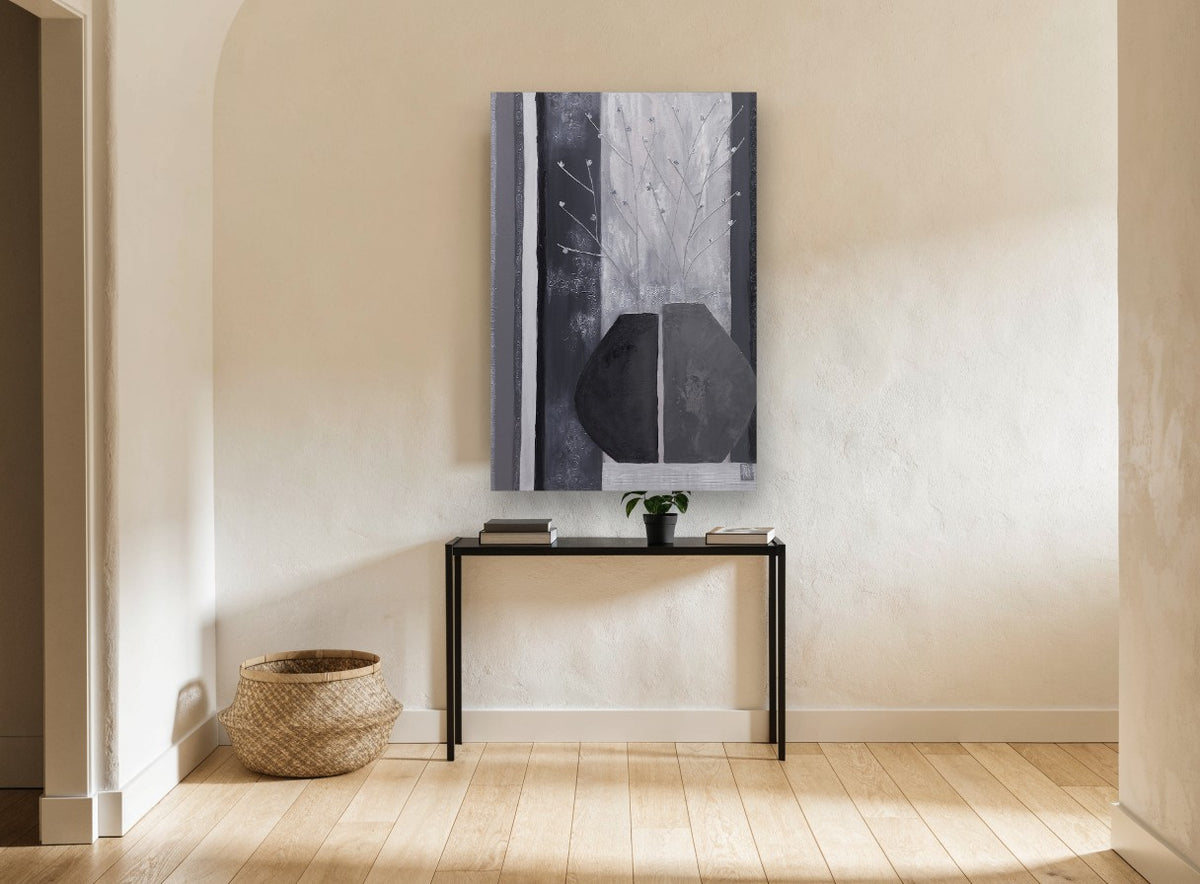 Split Vase in Grey floral canvas print on the wall of a hallway