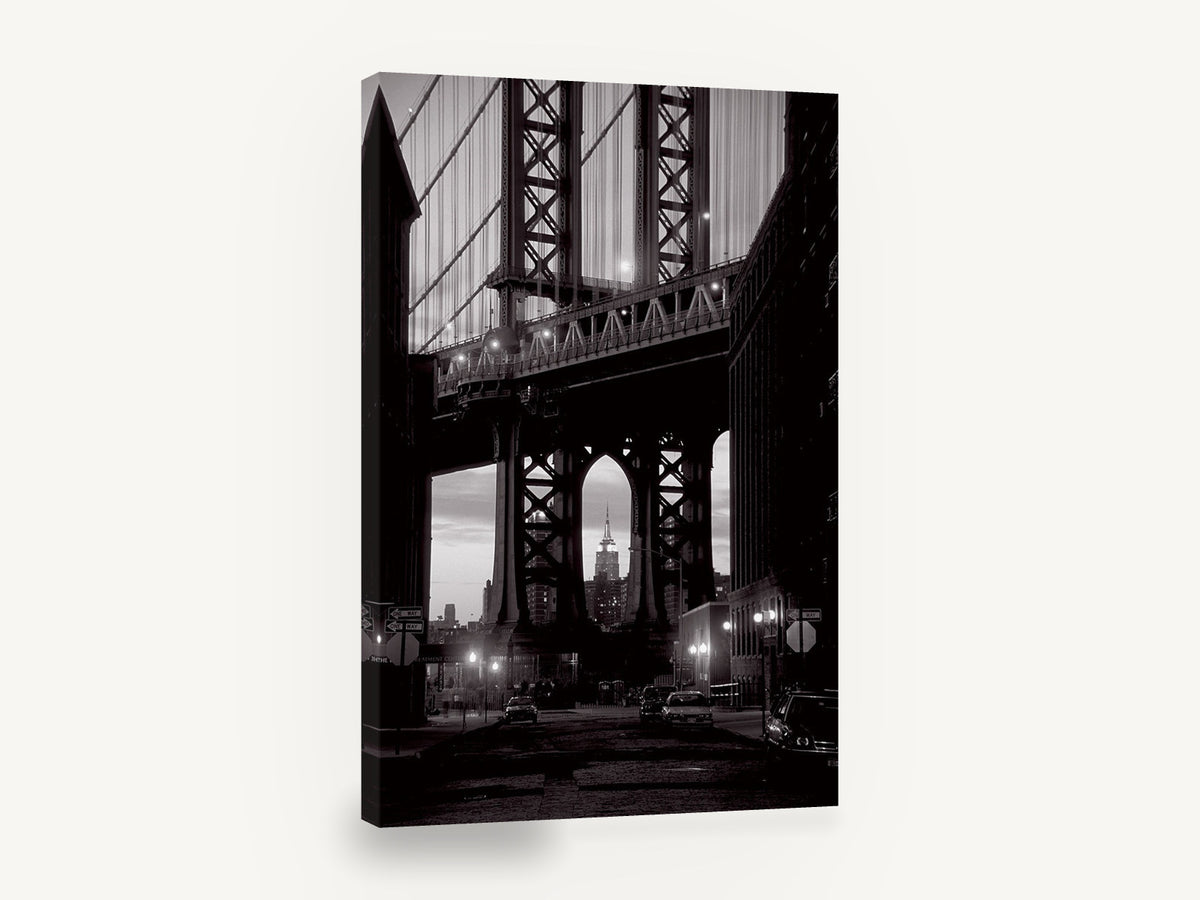 Arch Over Washington Street, manhattan bridge empire state black and white photograph, city canvas wall art print ready to hang