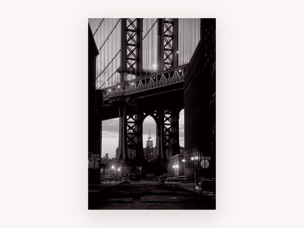 Arch Over Washington Street, manhattan bridge empire state black and white photograph, city canvas wall art print, front view