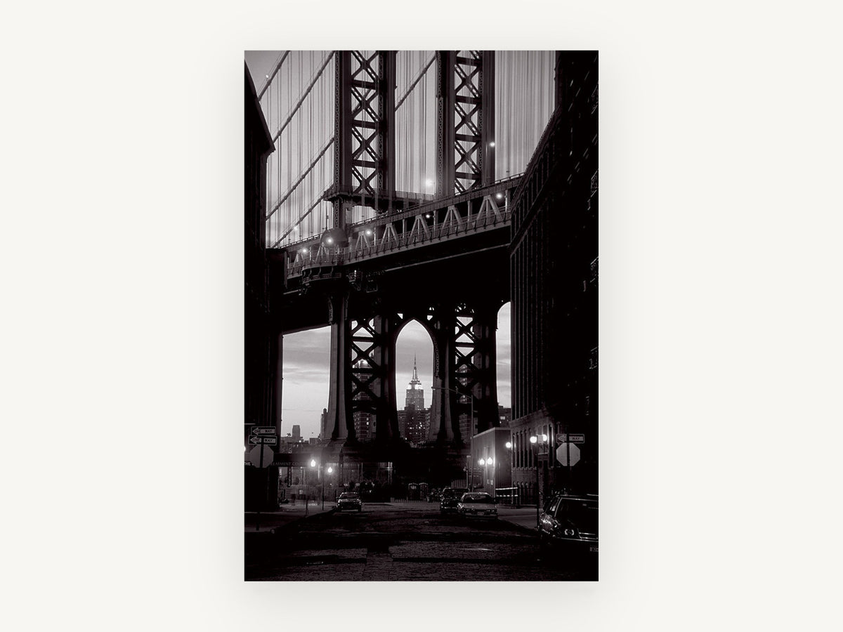 Arch Over Washington Street, manhattan bridge empire state black and white photograph, city canvas wall art print, front view