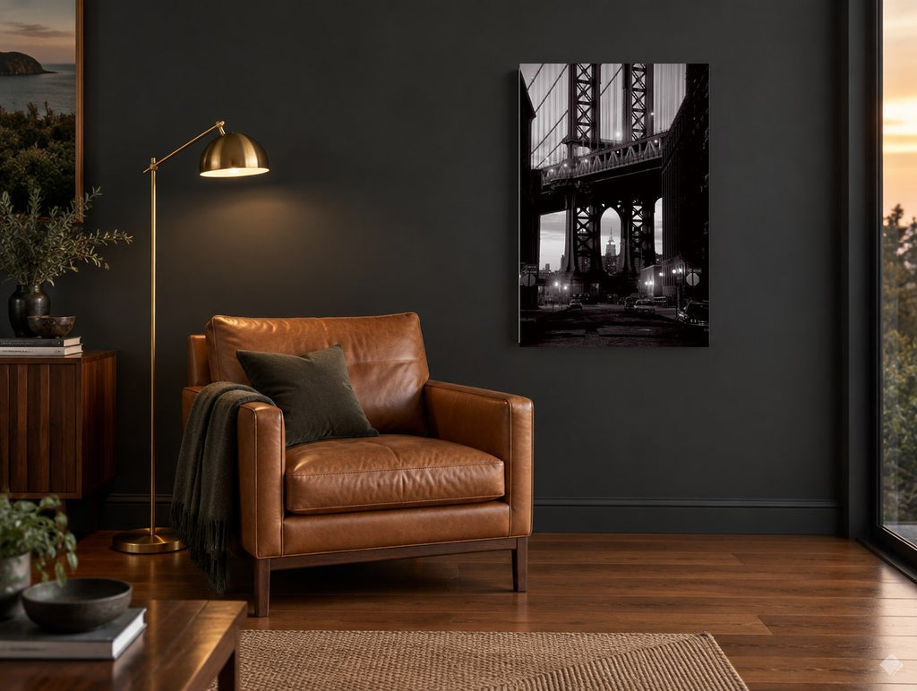 Arch Over Washington Street city canvas print on the wall of a charcoal living room
