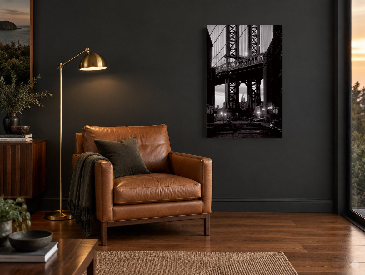 Arch Over Washington Street city canvas print on the wall of a charcoal living room