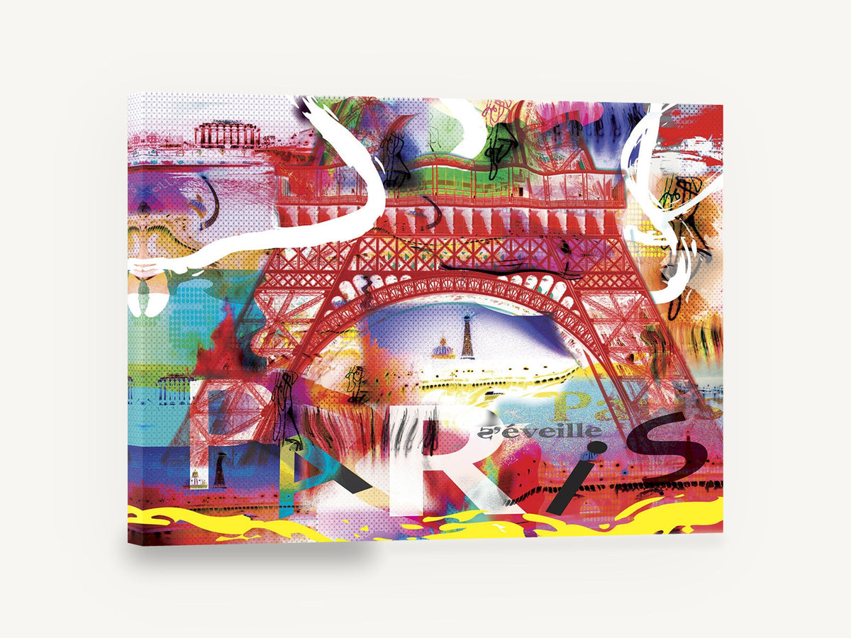 Paris S'éveille Collage, colourful eiffel tower paris pop art collage, city canvas wall art print ready to hang