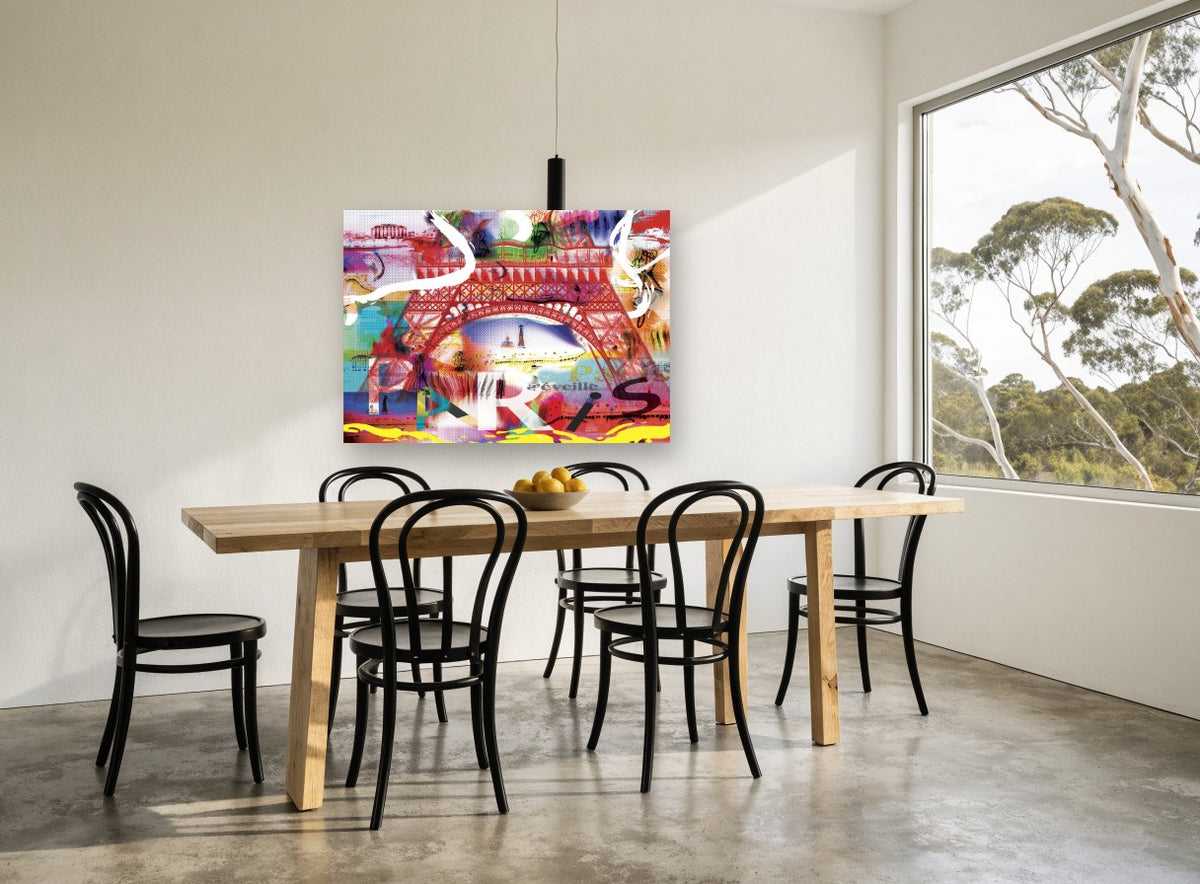 Paris S'éveille Collage city canvas print on the wall of a dining room