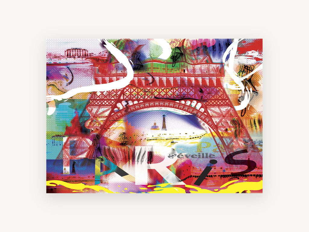 Paris S'éveille Collage, colourful eiffel tower paris pop art collage, city canvas wall art print, front view
