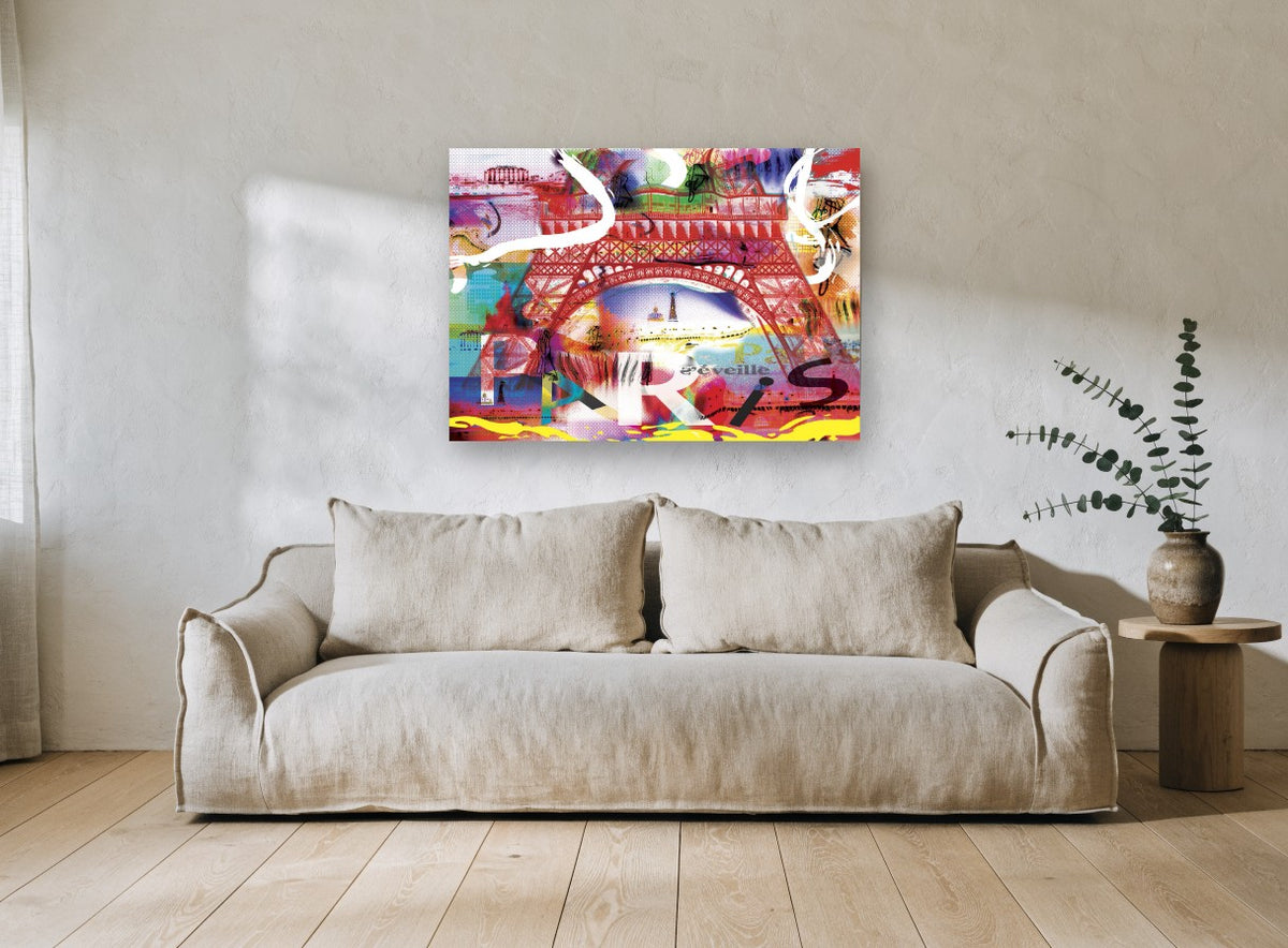 Paris S'éveille Collage city canvas print on the wall of a living room