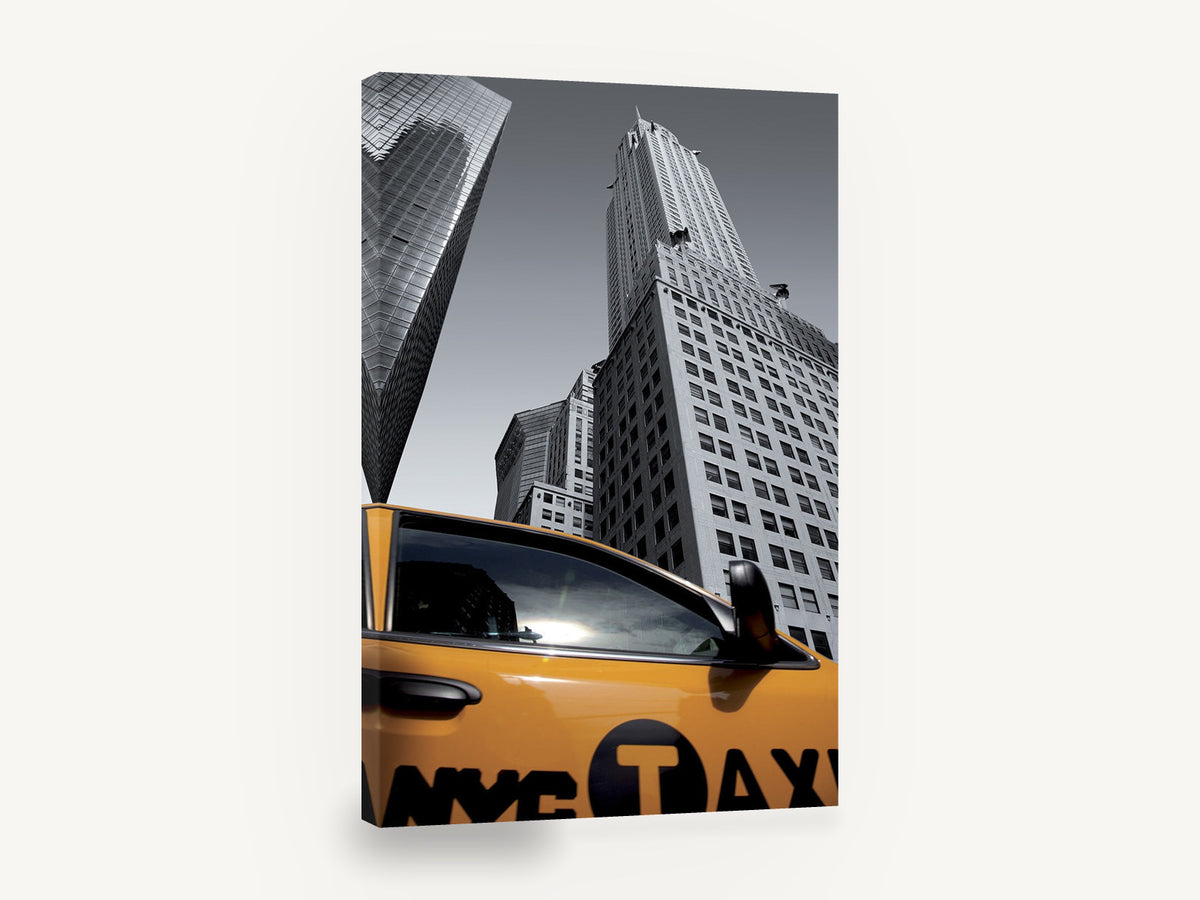 Yellow Cab Below Chrysler, new york yellow taxi skyscraper photograph, city canvas wall art print ready to hang