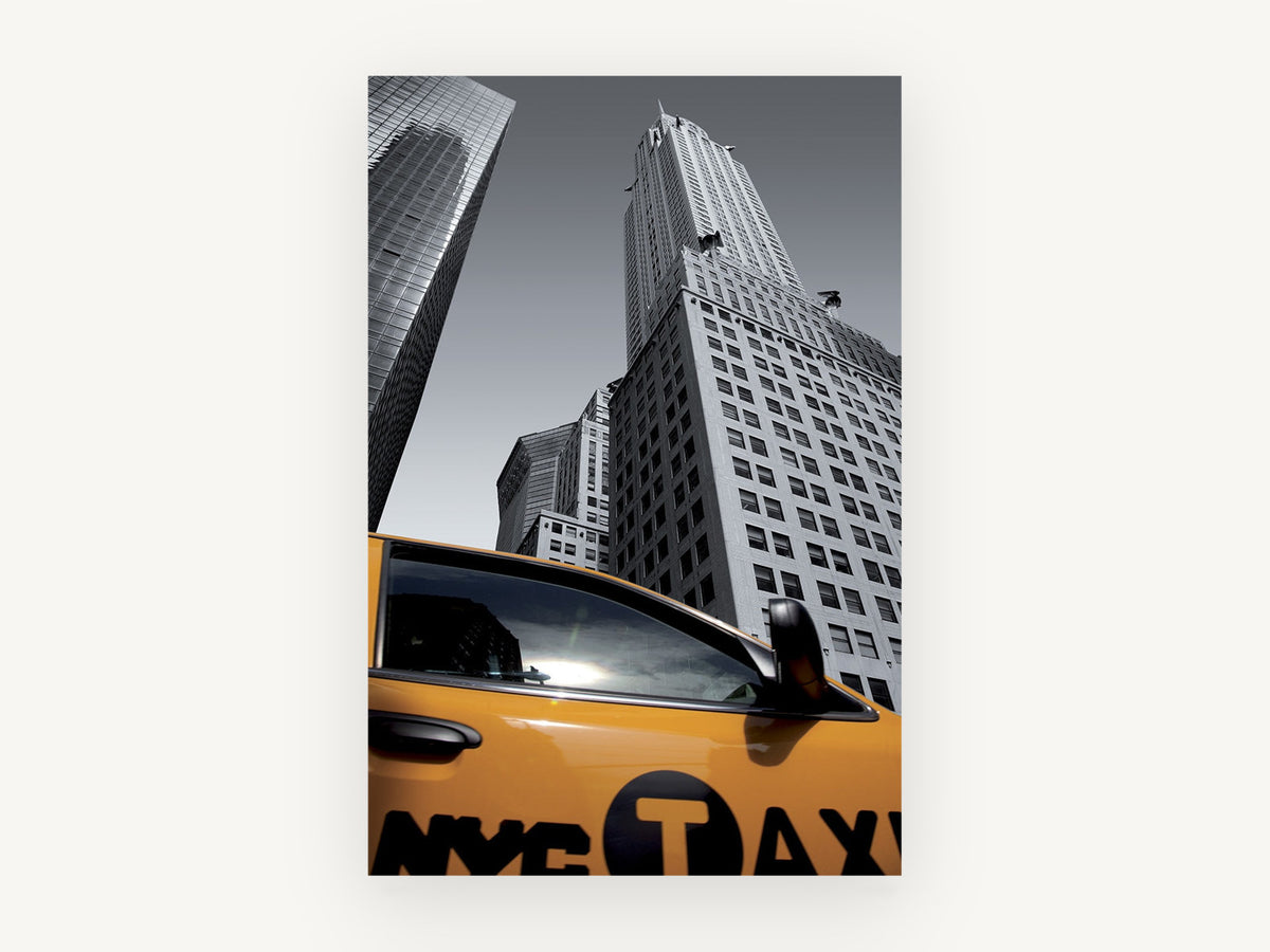 Yellow Cab Below Chrysler, new york yellow taxi skyscraper photograph, city canvas wall art print, front view