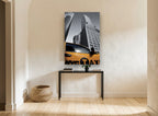 Yellow Cab Below Chrysler city canvas print on the wall of a hallway