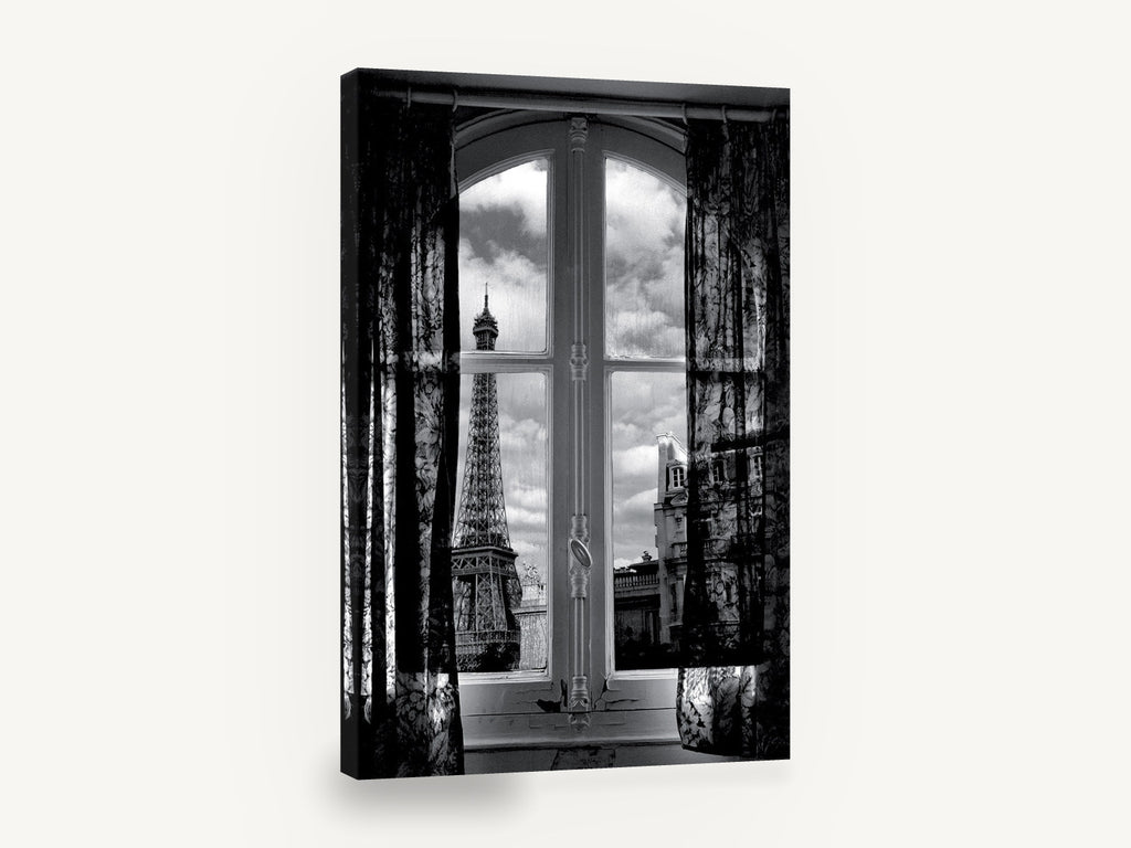 Window on the Tower, eiffel tower through window black and white photograph, city canvas wall art print ready to hang