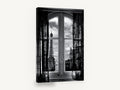 Window on the Tower, eiffel tower through window black and white photograph, city canvas wall art print ready to hang